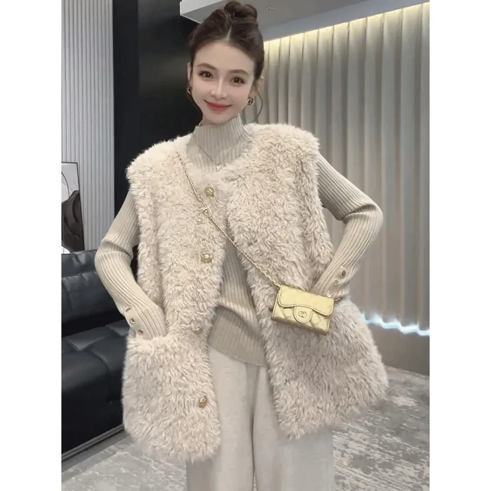 皮毛一体羊羔毛单排扣马甲女秋冬季新款气质百搭显瘦加厚保暖上衣