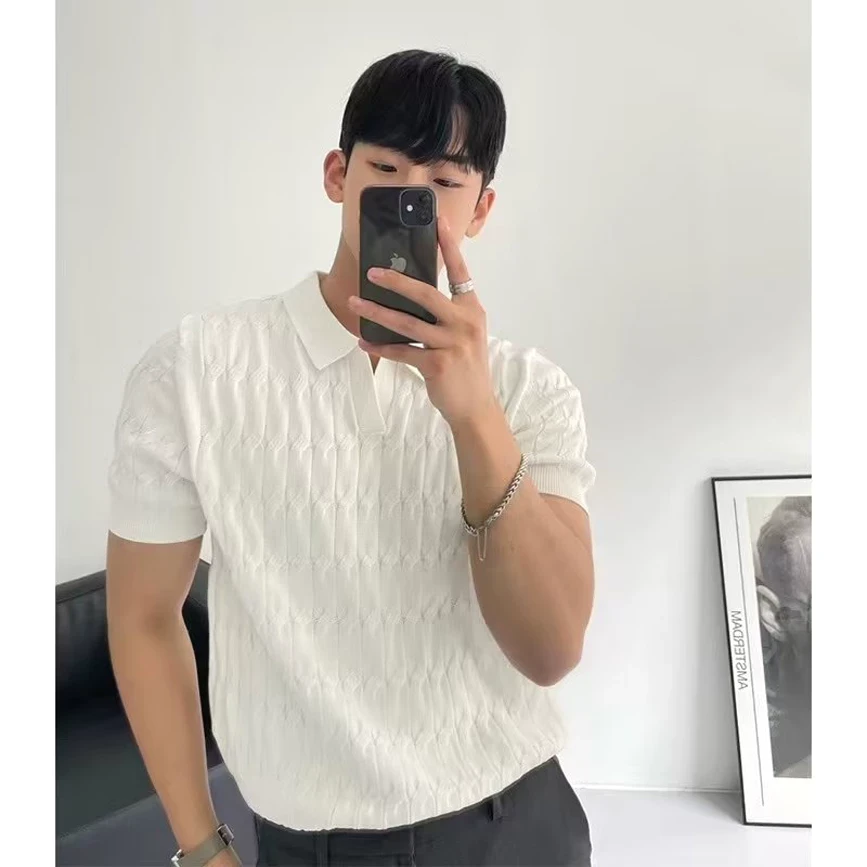 高级感针织衫肌肉男硬汉美式翻领短袖褶皱恤型叠领冰丝卫衣