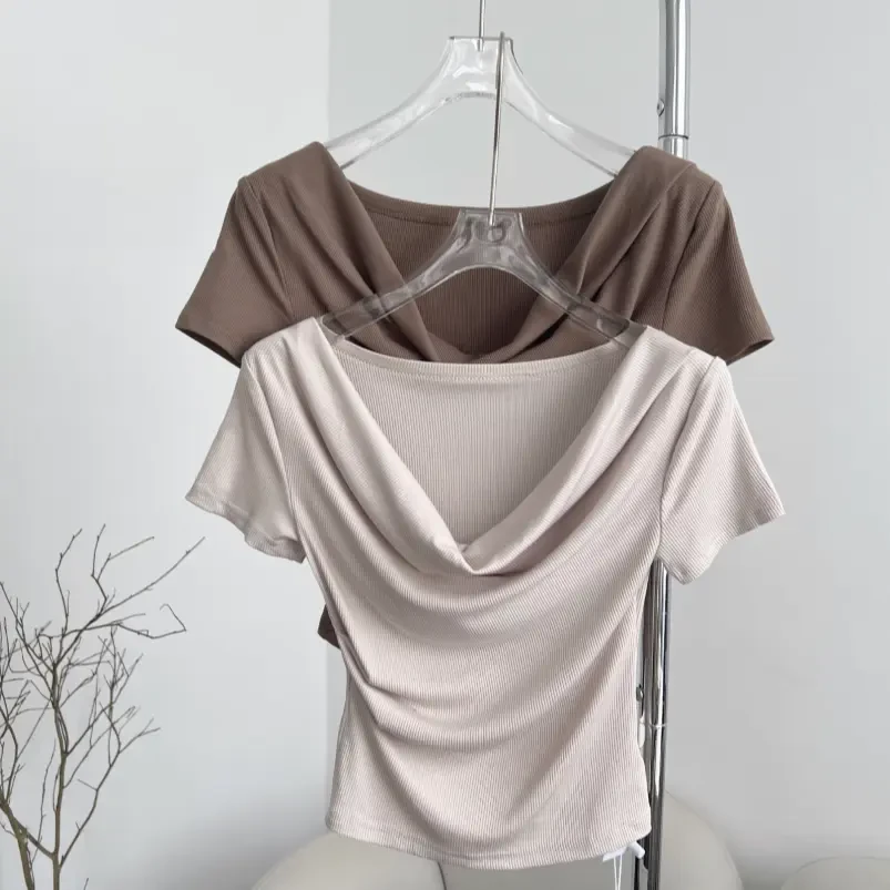 莫代尔辣妹荡领亲肤收腰多穿短上衣斜肩短袖修身褶皱T恤女冰丝ins