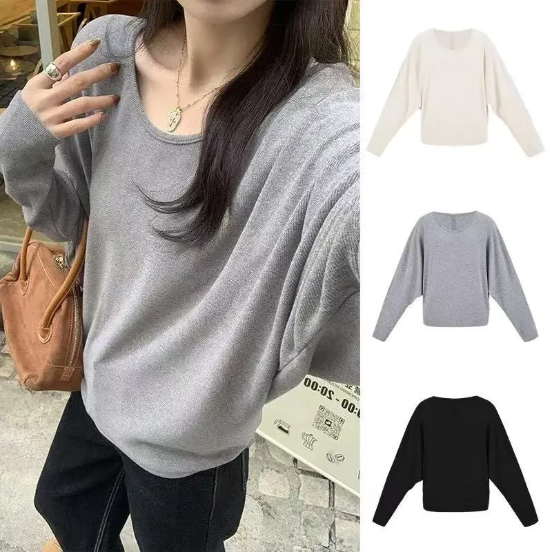 2025秋冬季新款慵懒风长袖T恤女磨毛德绒蝙蝠袖圆领打底衫上衣服