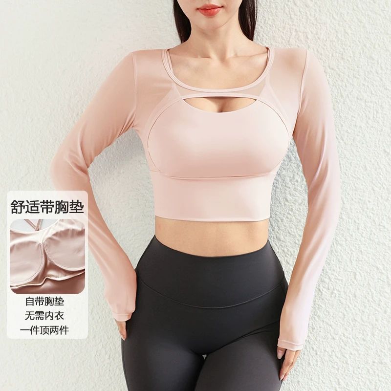 高级感网纱假俩件跑步训练运动瑜伽健身上衣女款秋冬季透气速干衣