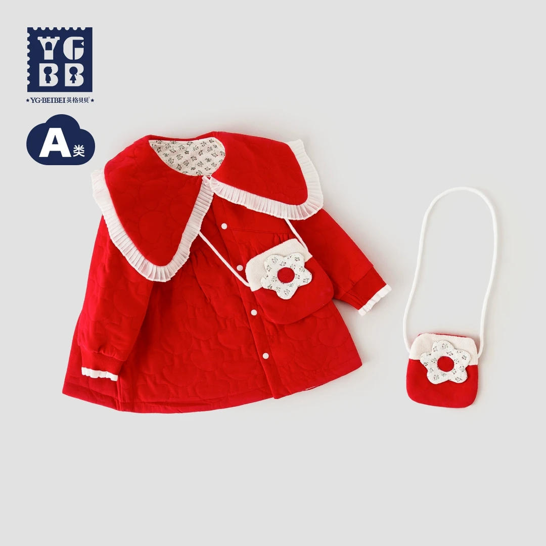 英格贝贝女童连衣裙秋冬中长款风衣外套小女孩大红周岁衣服拜年服