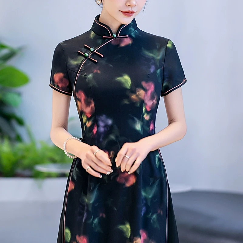 2025新款老上海长款旗开得胜新中式黑色日常可穿连衣裙喜婆婆