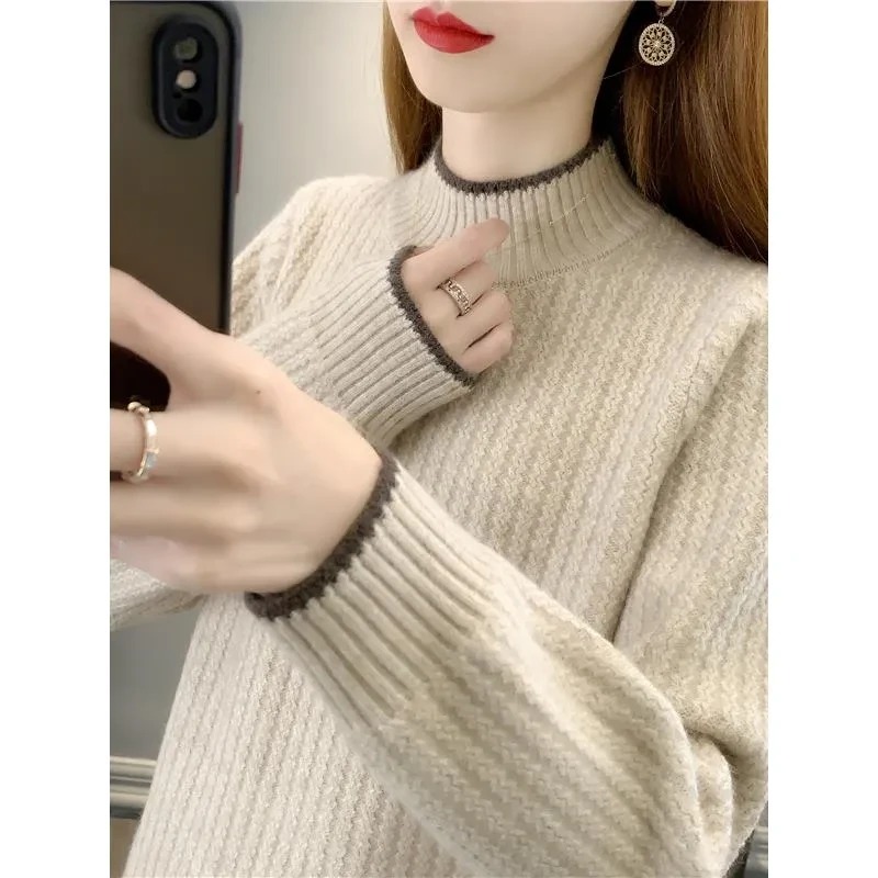 半高领毛衣女2025冬新款宽松加厚套头毛衣针织打底衫洋气百搭上衣