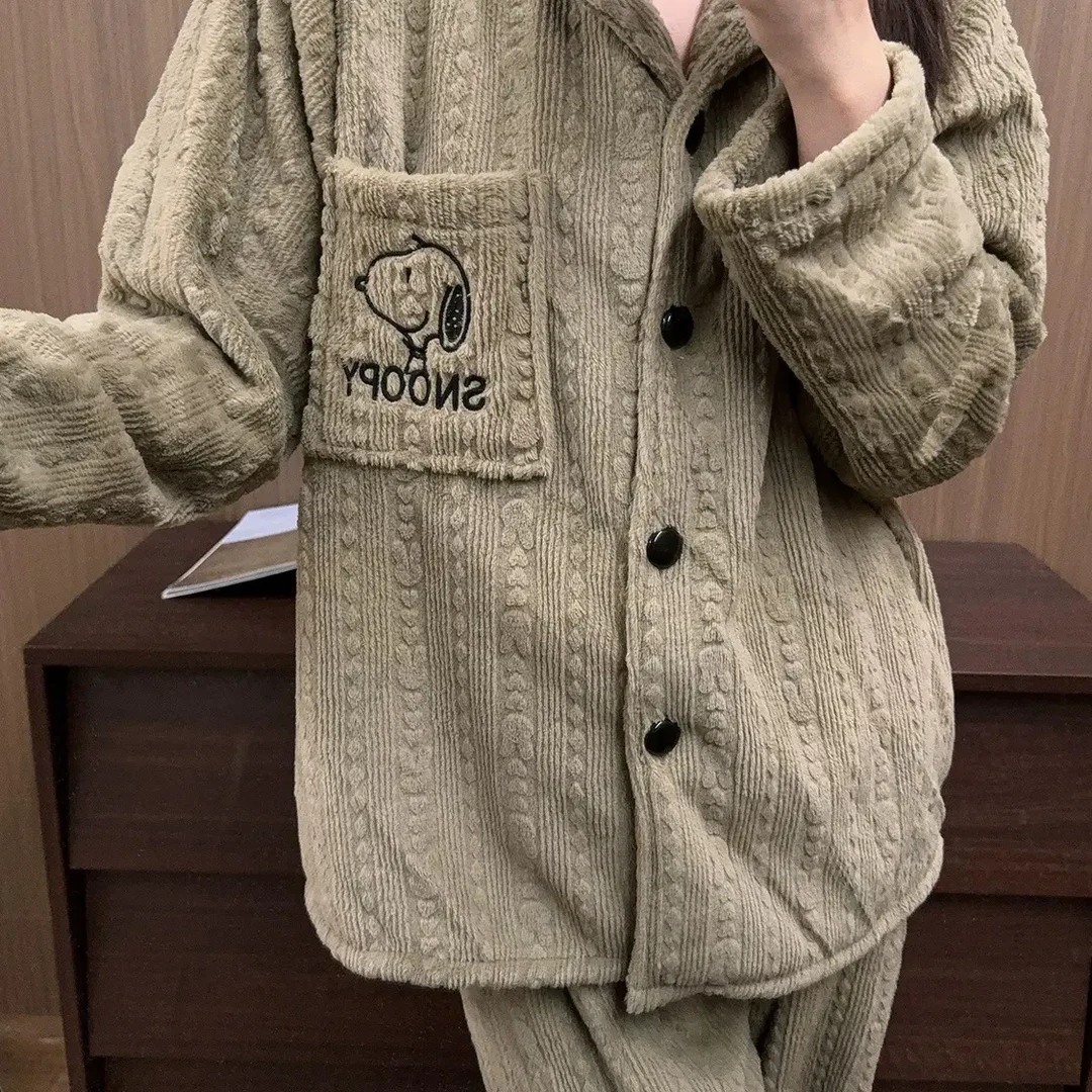 韩系卡通史努比秋冬季加绒加厚牛奶绒长袖长裤情侣睡衣家居服