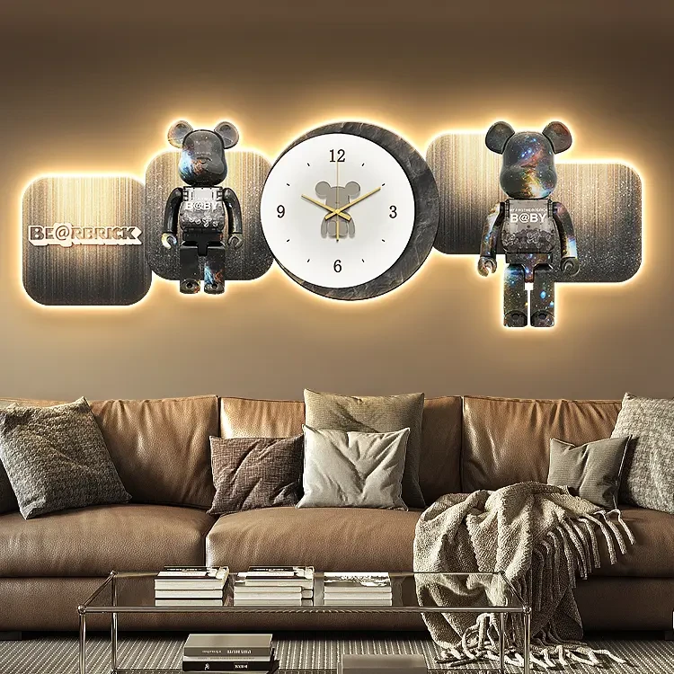 星空暴力熊钟表客厅背景墙挂画高级感沙发背景墙挂画卧室氛围灯画