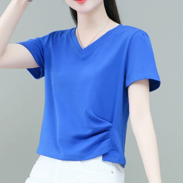 V领短袖T恤女气质薄款夏装2025新款洋气褶皱卡腰短款克莱因蓝小衫