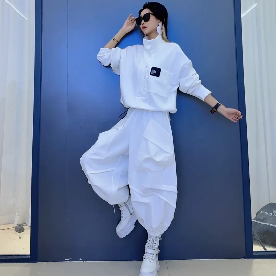 春款潮流立领韩版长袖套头卫衣-春款大口袋休闲气质设计感灯笼裤