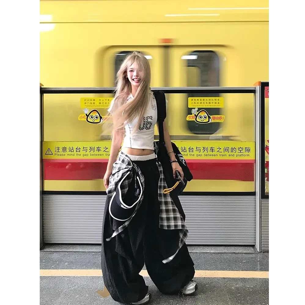 美式嘻哈街舞叠穿可拆卸直筒阔腿裤女宽松垂感设计感拖地长裤夏季