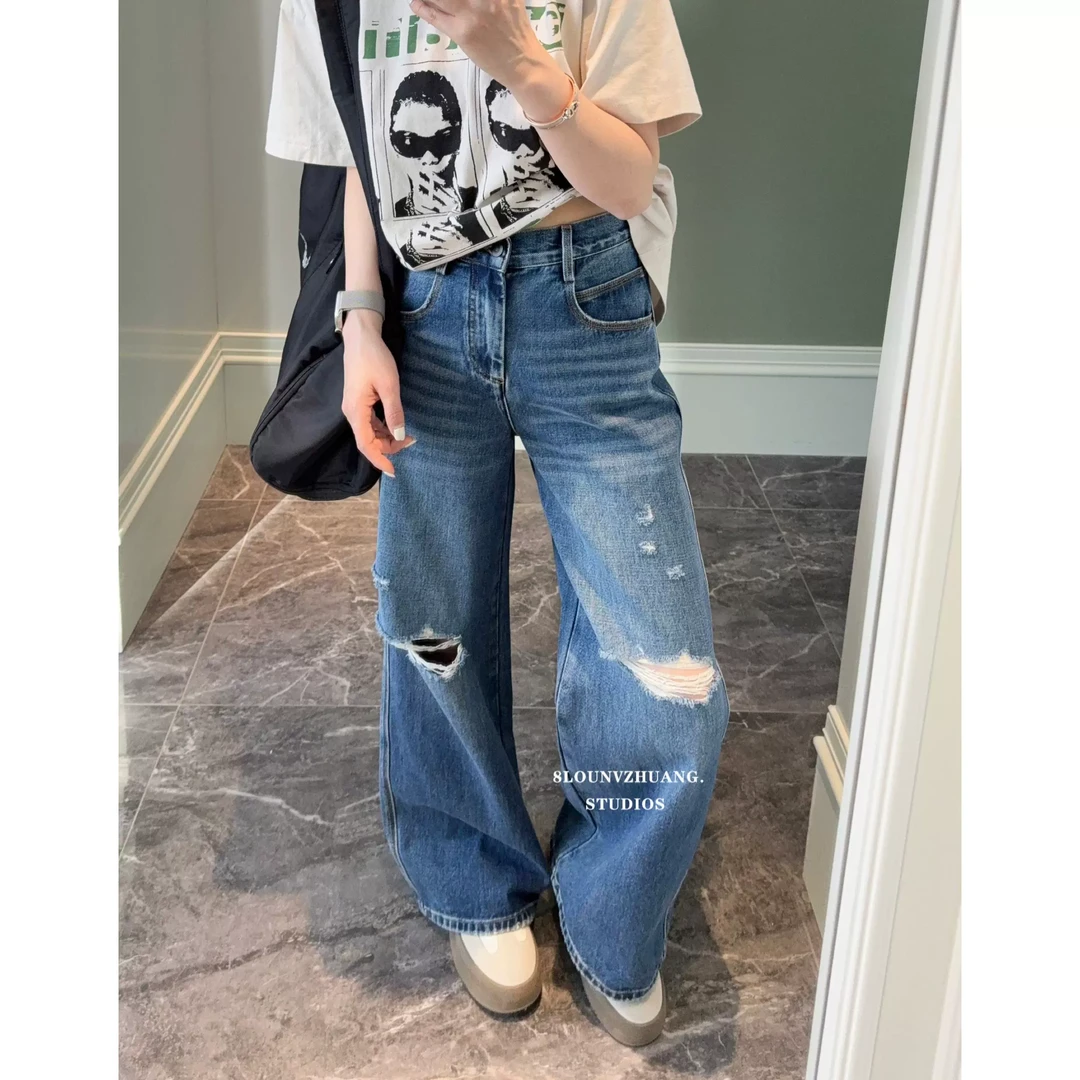大阔腿破洞裤花匣子牛仔裤女2025春季新款86627深蓝色8楼女装