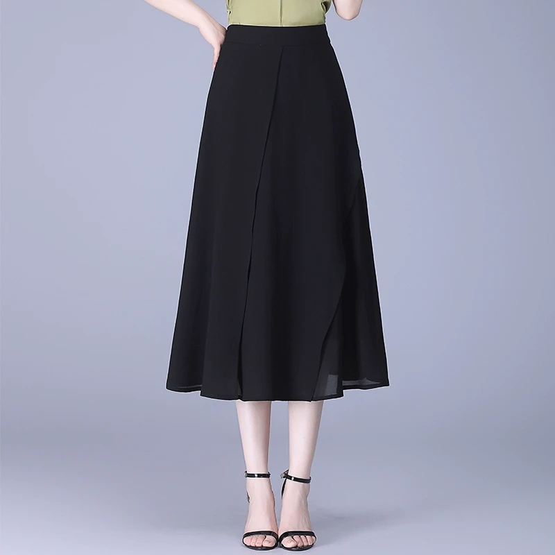 2025年夏季新款半身裙女高级感气质高腰显瘦中长款黑色雪纺a字裙