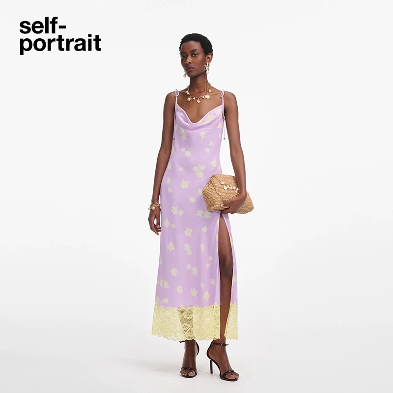 self-portrait 2025早秋新款紫花卉蕾丝拼接雪纺吊带连衣裙长裙