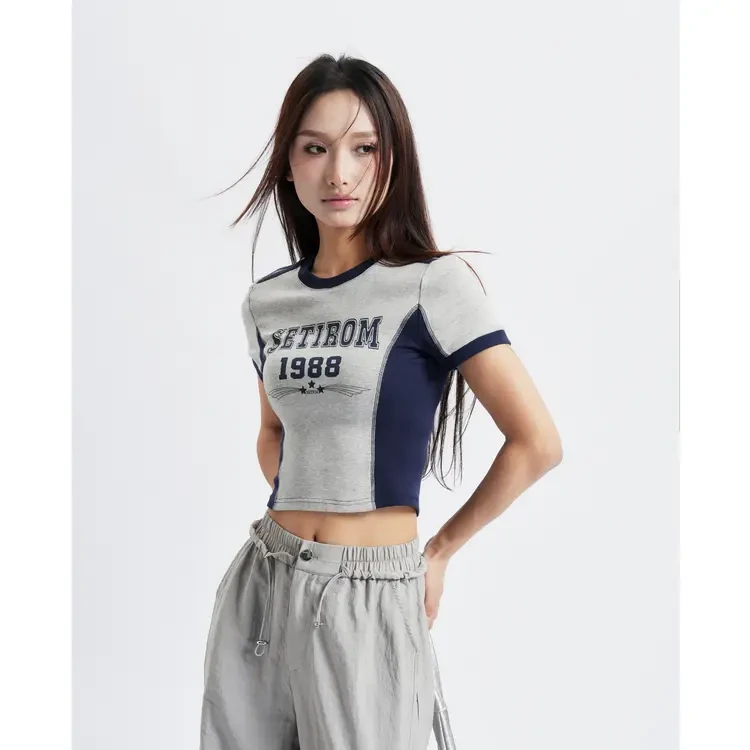 西町村屋美式拼接短袖T恤女装夏季新款复古百搭圆领小衫XAAB10230