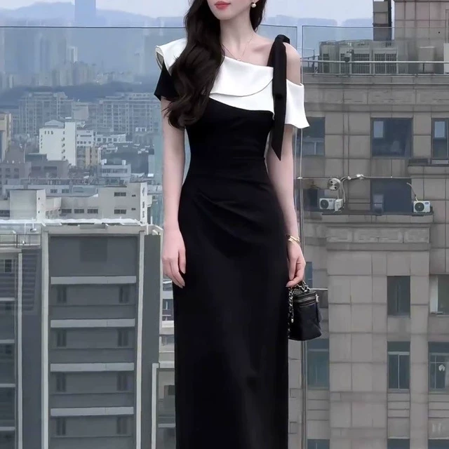 气质优雅撞色拼接荷叶边一字领连衣裙2025夏季新款收腰显瘦包臀裙