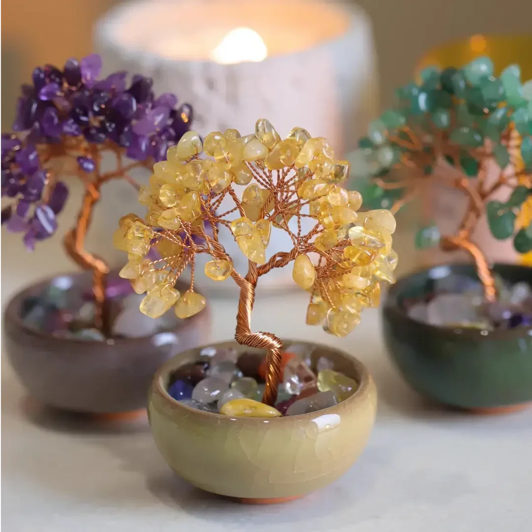 天然黄水晶财树粉紫碎石底座财聚宝盆家居办公室工位迷你摆件