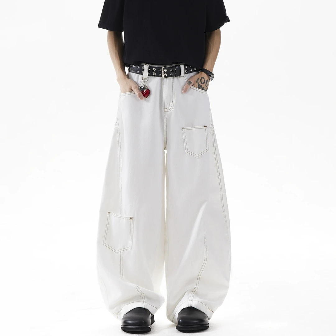 小众设计感线条解构阔腿牛仔裤男女款宽松高级感多口袋裤子男装夏