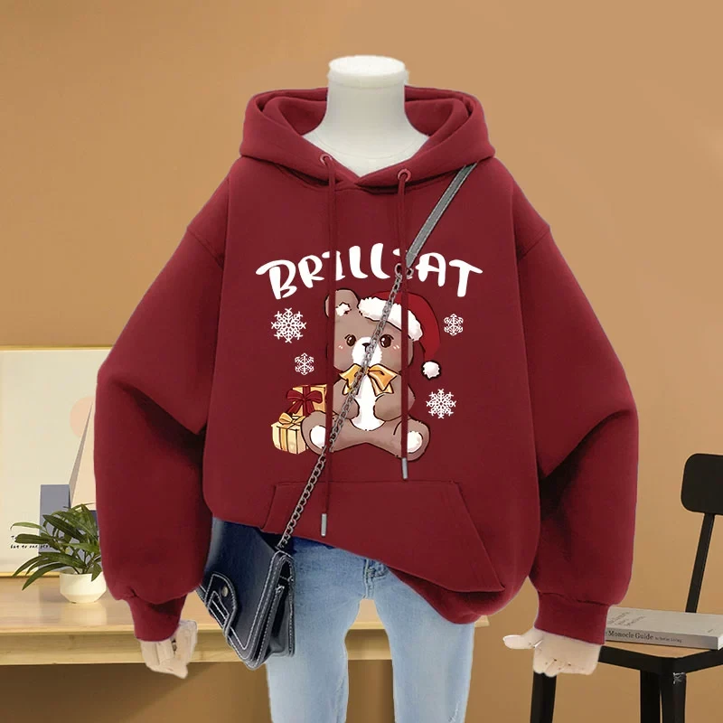 宽松大码红色连帽加绒加厚卫衣女装2025年新款休闲百搭显瘦上衣服