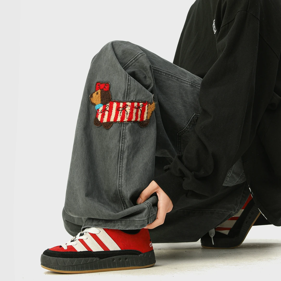 腊肠狗刺绣工装裤男2025春季新款美式高街痞帅宽松直筒休闲长裤子