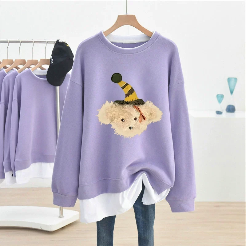 春秋季大码宽松胖mm假两件圆领无帽卫衣女显瘦遮肚休闲外套上衣服