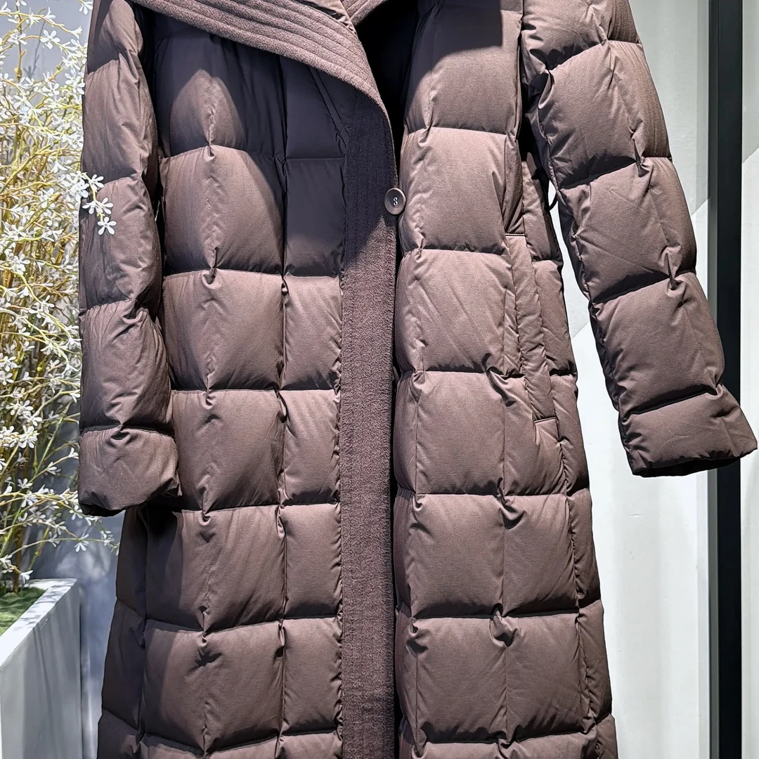 大翻领拼接收腰系绳女士中长款加厚显瘦冬季鹅绒服外套