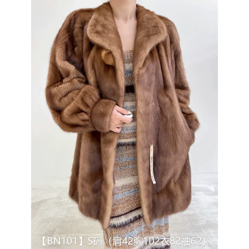 【BN101】S码 蜜茶棕全抽中长款貂皮大衣皮草外套 翻领泡泡袖