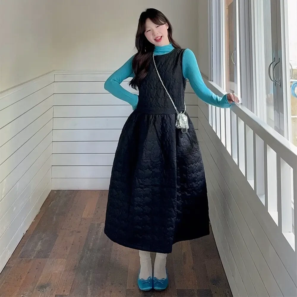 韩系后绑带加厚宽松中长款A字蓬蓬叠穿连衣裙女