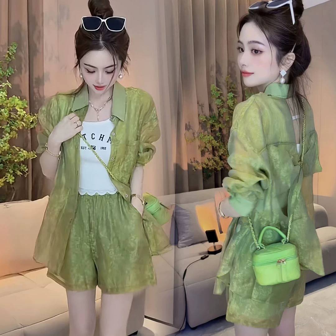 小个子夏装搭配一整套设计感后背蝴蝶结防晒衬衫短裤两件套女夏季