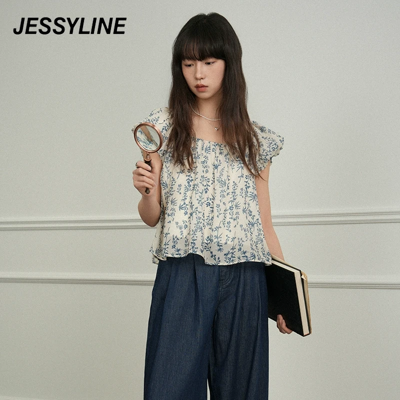 jessyline2025夏季新款杰茜莱印花淑女短袖小衫碎花短款复古法式