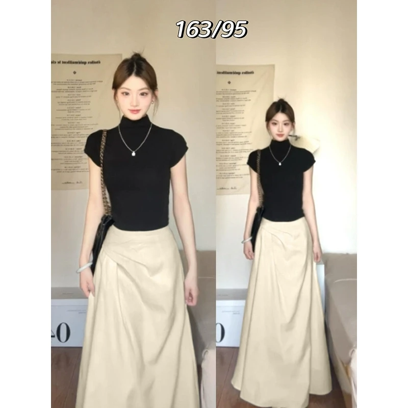 米色a字半身裙夏天长款裙子女夏半身长裙夏季极简半身裙高腰半裙