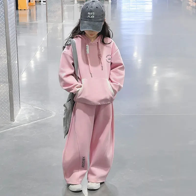 女童套装2025春装新款韩版潮流英文连帽时尚休闲运动两件套时髦