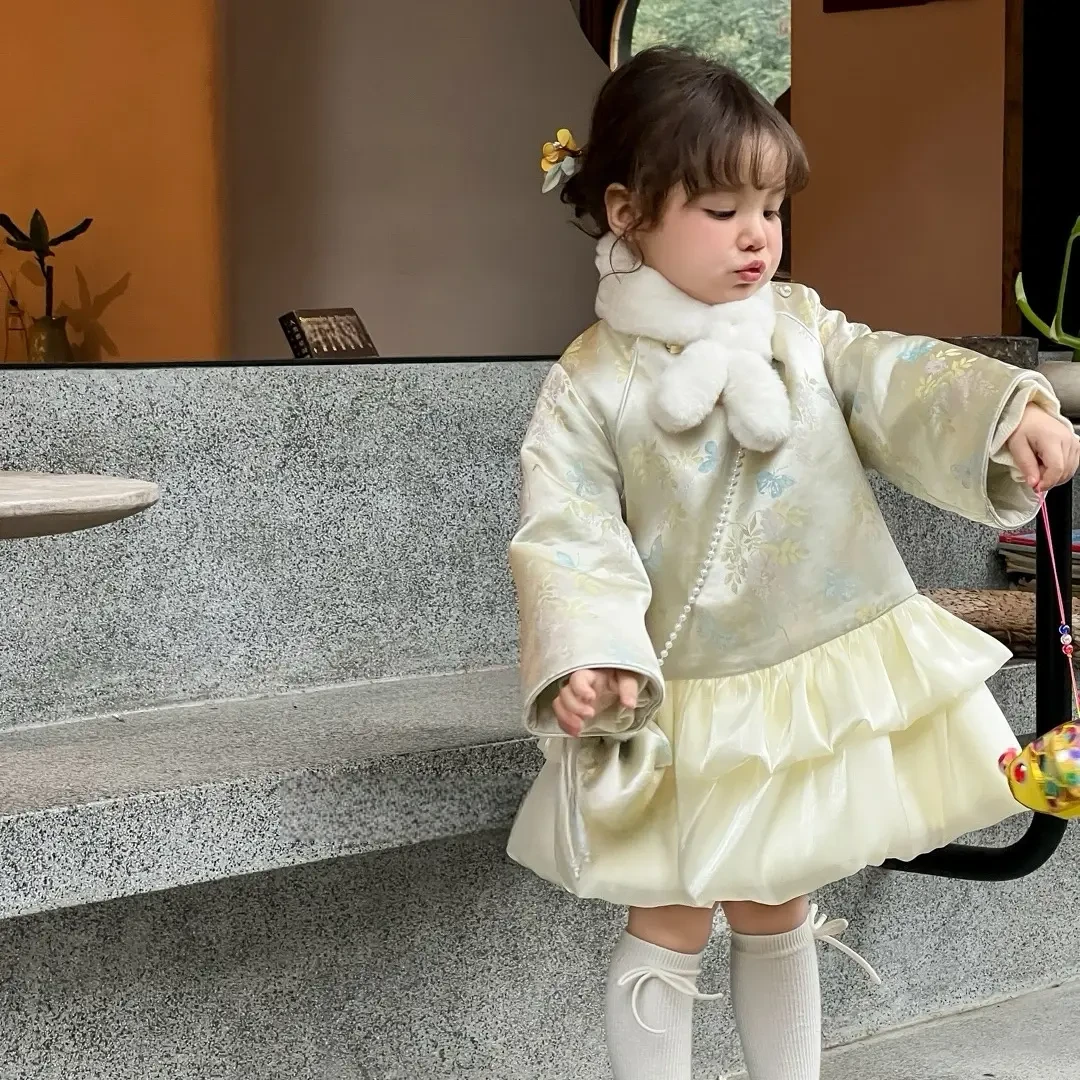 女童秋冬中国风洋气加绒拜年服旗袍裙套装