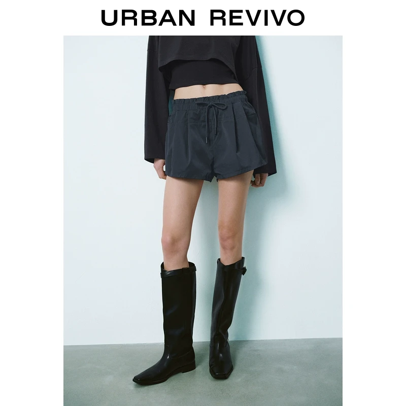 UR2025春季新品女装欧若风木耳边松紧腰抽绳超宽松短裤UYV650018