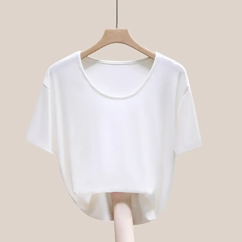 莫代尔短袖t恤女2025新款夏季U领纯色大领口打底面膜宽松大码上衣