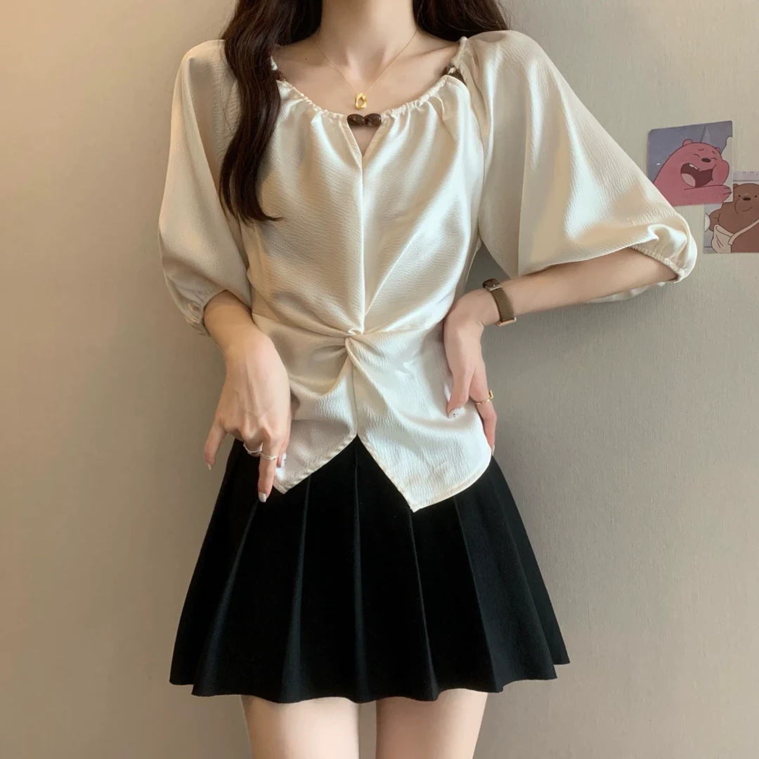 法式高级感短袖衬衫女夏季微胖mm大码设计感收腰修身显瘦小众上衣