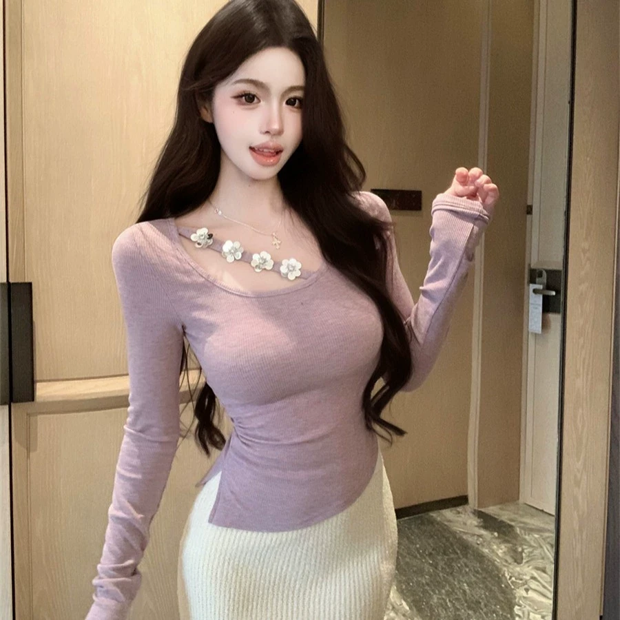 梦优莱性感U领不规则紫色上衣女春秋冬挂脖花朵钉珠修身显瘦长袖