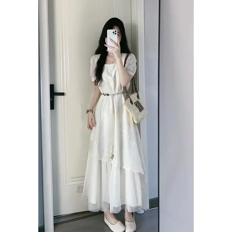 大码夏季新款连衣裙法式气质方口领提花短袖拼接设计感中长款裙子