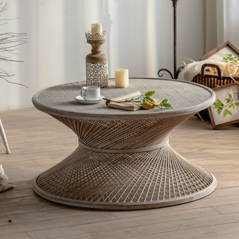 美式民宿酒店客厅藤编卧室小茶几阳台日式圆桌床头浅色系茶桌边几