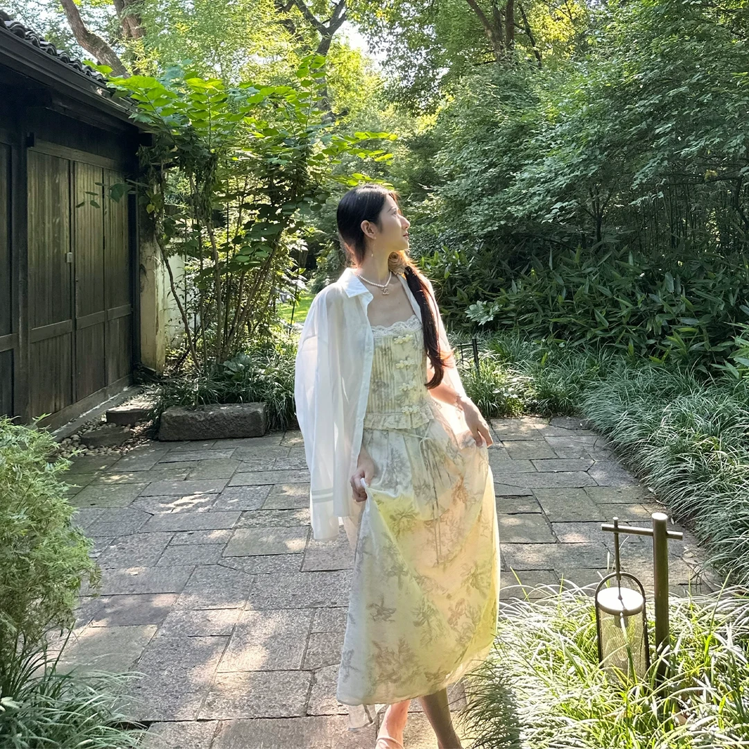 5折 Howalook 雨墨江南 水墨感蕾丝盘扣吊带半裙新中式意境调性