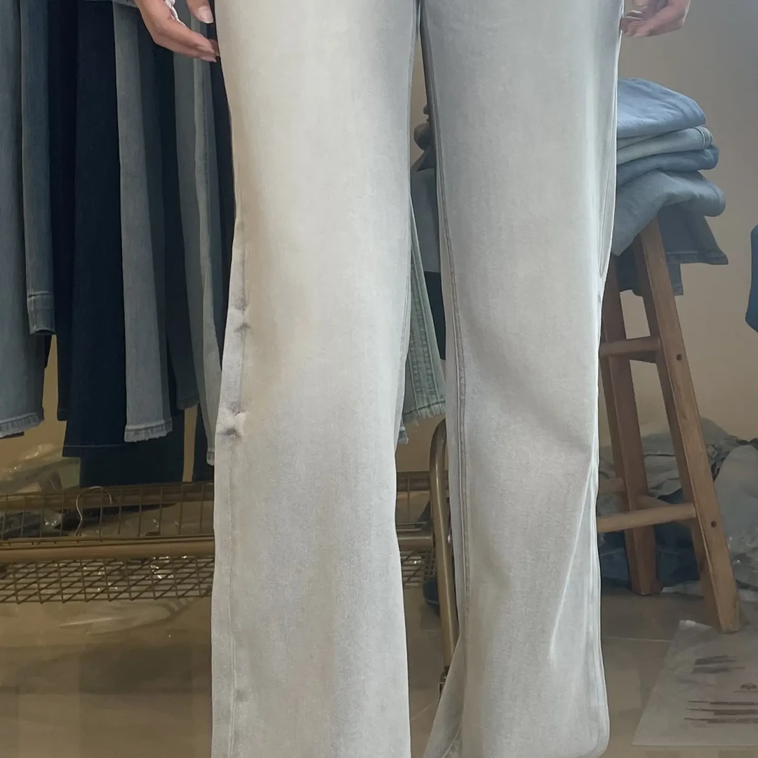 灰白色牛仔裤（58627）高腰窄版直筒美式洗水时尚百搭显瘦气质高腰