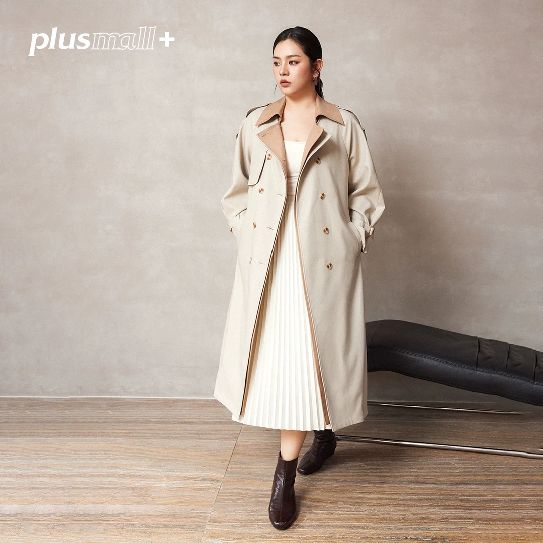 PLUSMALL 费城风衣 垂顺斜纹TR拼色廓形双排扣风衣PAC2411156