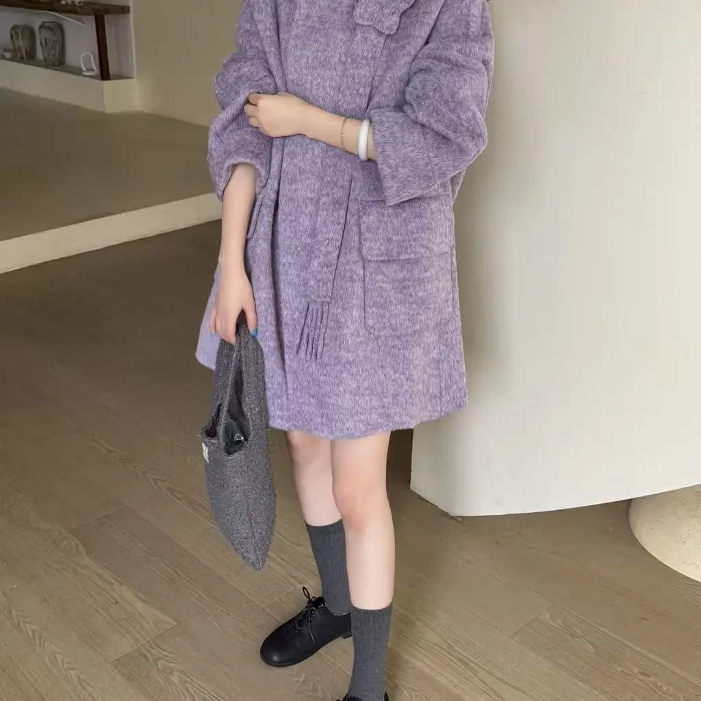 紫色彩虹蝴蝶结双面大衣女冬季高级显瘦中长款外套