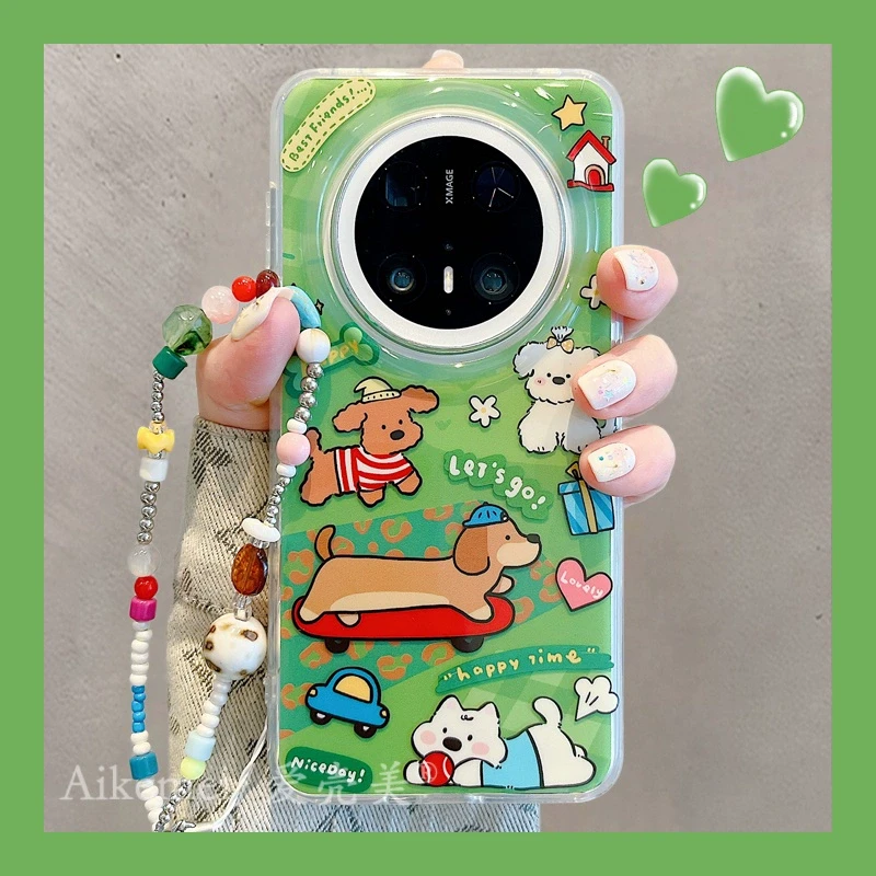 适用华为mate70pro+手机壳卡通草坪mate60pro+玩耍滑板狗狗链条女