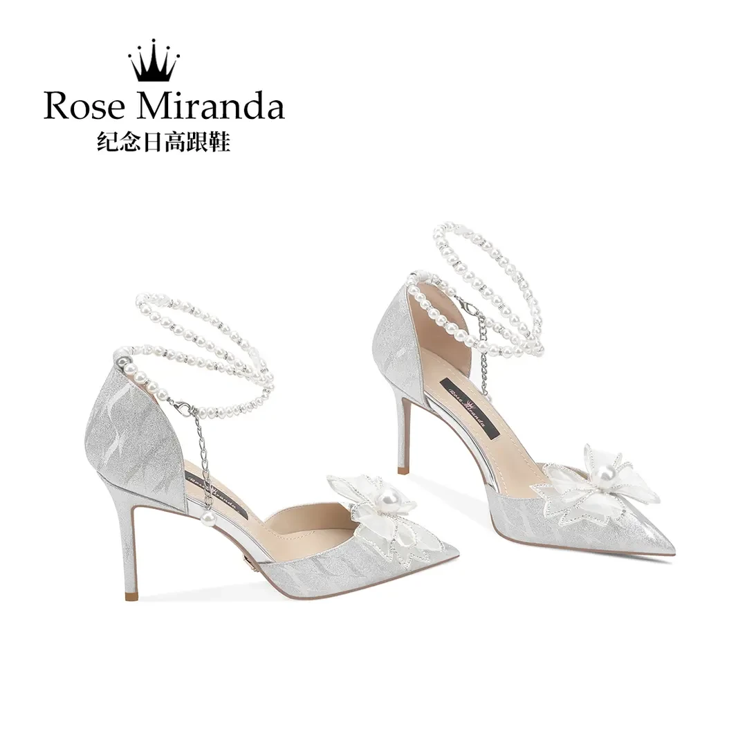RoseMiranda玫瑰米兰达纪念日高跟鞋银色法式婚鞋细跟小码伴娘女