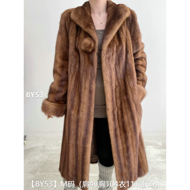 【BY53】M码 蜜茶棕全抽超长款貂皮大衣皮草外套 翻领挽袖