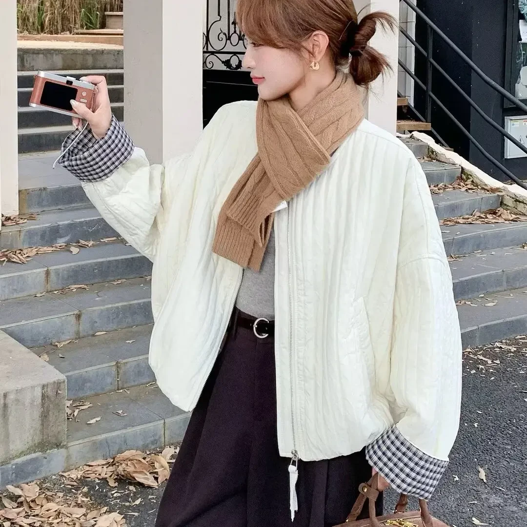 大码女装秋冬宽松格子拼接圆领连帽夹棉短外套小香风棉衣