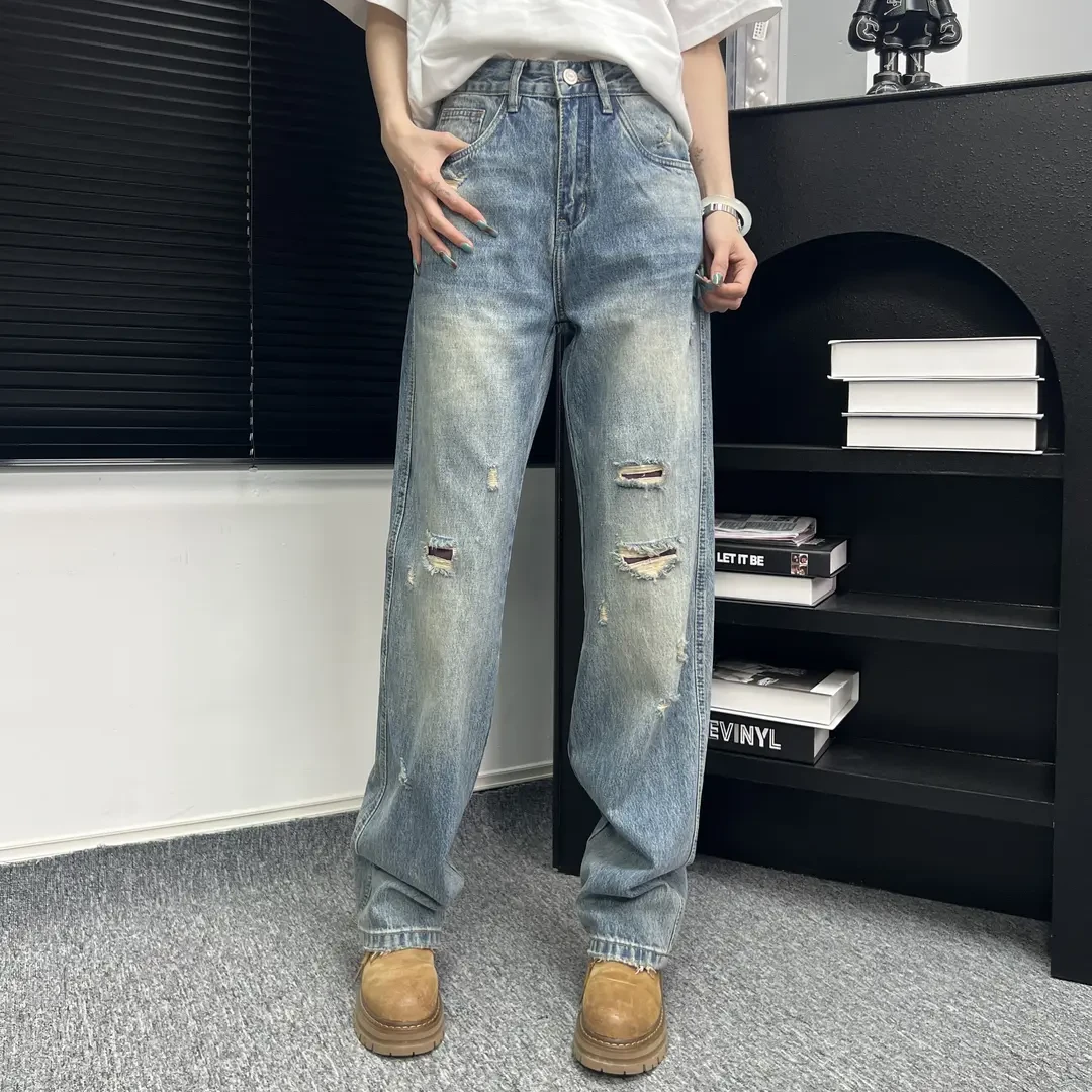 25春夏美式破洞直筒宽松水洗复古蓝做旧牛仔裤休闲潮牌百搭长裤