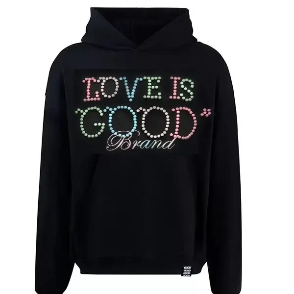 马卡龙彩虹配色钉珠连帽套头卫衣男女情侣款时尚高级