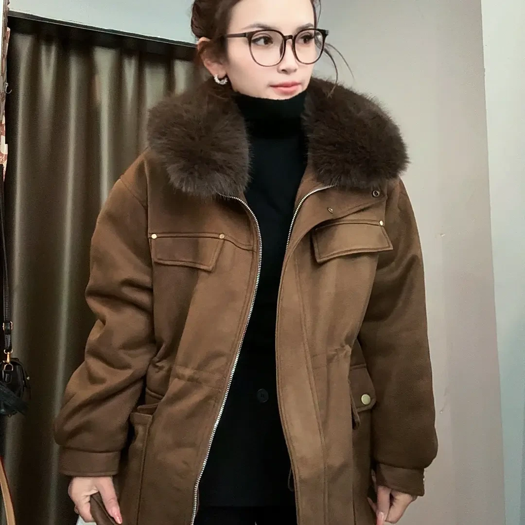 9861#咖色毛领收腰加厚加绒中长款冬季保暖外套