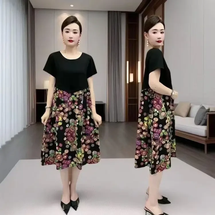 圆领拼接中腰夏季铅笔裙连衣裙高腰减龄女装气质韩版长裙时尚