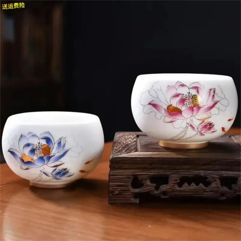 羊脂玉描金茶杯个人主人杯陶瓷德化白瓷水杯釉上茗杯(一对)Z2276